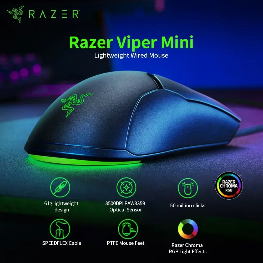 Razer nytårsgave Thunder Snake Viper Mini kablet e-sport-gamingmus til computer og laptop med RGB-lys, til små hænder