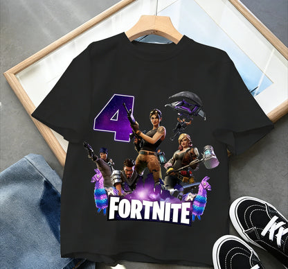 Dziecięca koszulka urodzinowa Fortnites z numerem dla dziewczynek i chłopców, letnia bawełniana koszulka dla niemowląt, imprezowy top z krótkim rękawem, prezent dla malucha