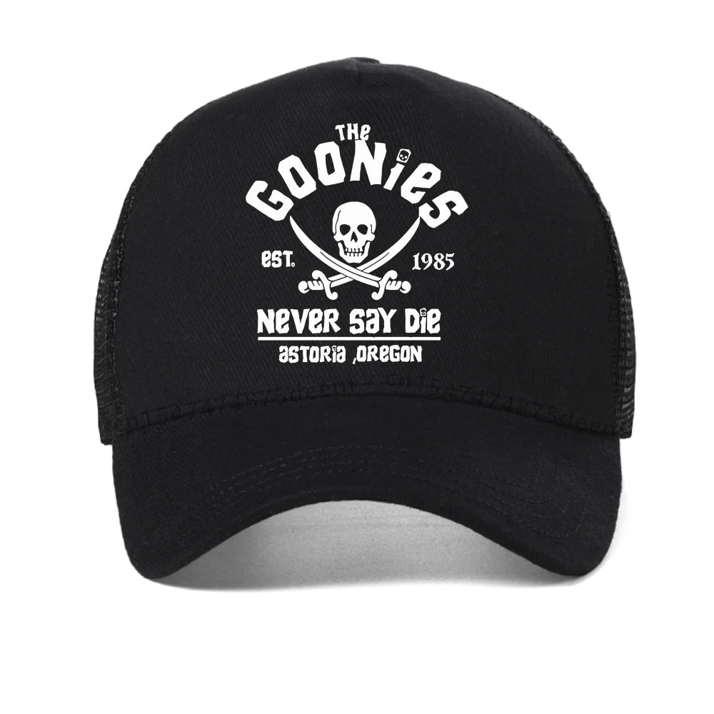 The Goonies Est 1985 Never Say Die miesten baseball-lippis, kesäinen verkkokankainen snapback-lippalakki, muodikas hengittävä vapaa-ajan aurinkohattu ulkokäyttöön