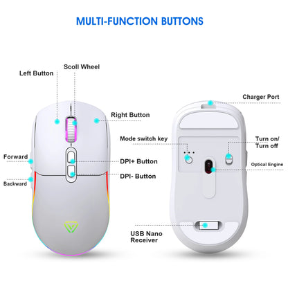 Mouse tri-mode 2.4G wireless/Bluetooth/cablato, DPI regolabile a 6 livelli, batteria da 500mAh, illuminazione RGB, macro per gaming e esports, mouse da ufficio