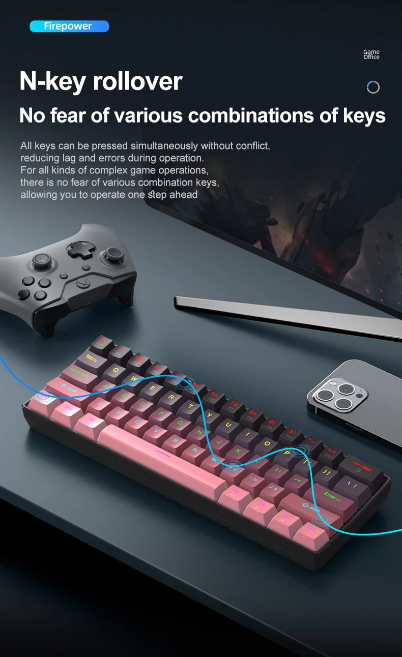 Teclado mecánico mini APAYADO K61, con cable, 61 teclas, Phantom RGB, negro/blanco, interruptor mecánico rojo/azul para gaming, portátil 60%