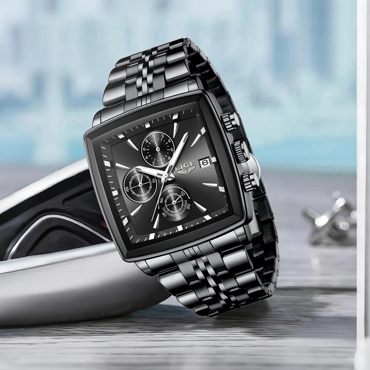 LIGE luxe herenhorloges, vierkant model, klassieke en trendy stijl, van roestvrij staal, waterdicht, sportief en casual, met quartz uurwerk.