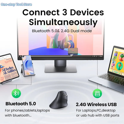 Langaton Bluetooth 5.0 2.4G -hiiri, ergonominen, 4000DPI, 6 hiljaista painiketta, MacBookille, tableteille, kannettaville tietokoneille ja PC:lle