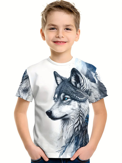 Children's T-Shirt Cool Wolf Pattern Boys' Short Sleeve Tee Summer New Round Neck Children's T-Shirt Fashion Children's Clothing