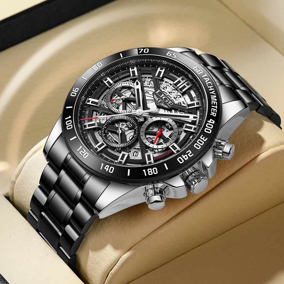 LIGE 2024 New Men Watch Top Brand Luxury Hollow Watch Men Waterproof Sport Quartz Chronograph Wrist Watch Man Relogio Masculino