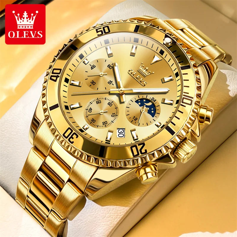 Relógio OLEVS para homem, marca de luxo, relógio militar de quartzo dourado, estanque, data luminosa, caixa em aço inoxidável.