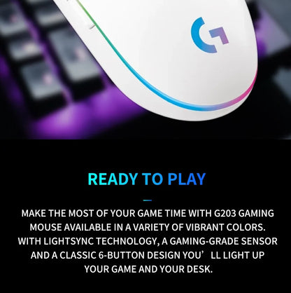 Logitech G203 жична геймърска мишка, Esports-клас, 6 програмируеми бутона и многоцветно осветление за състезателни игри