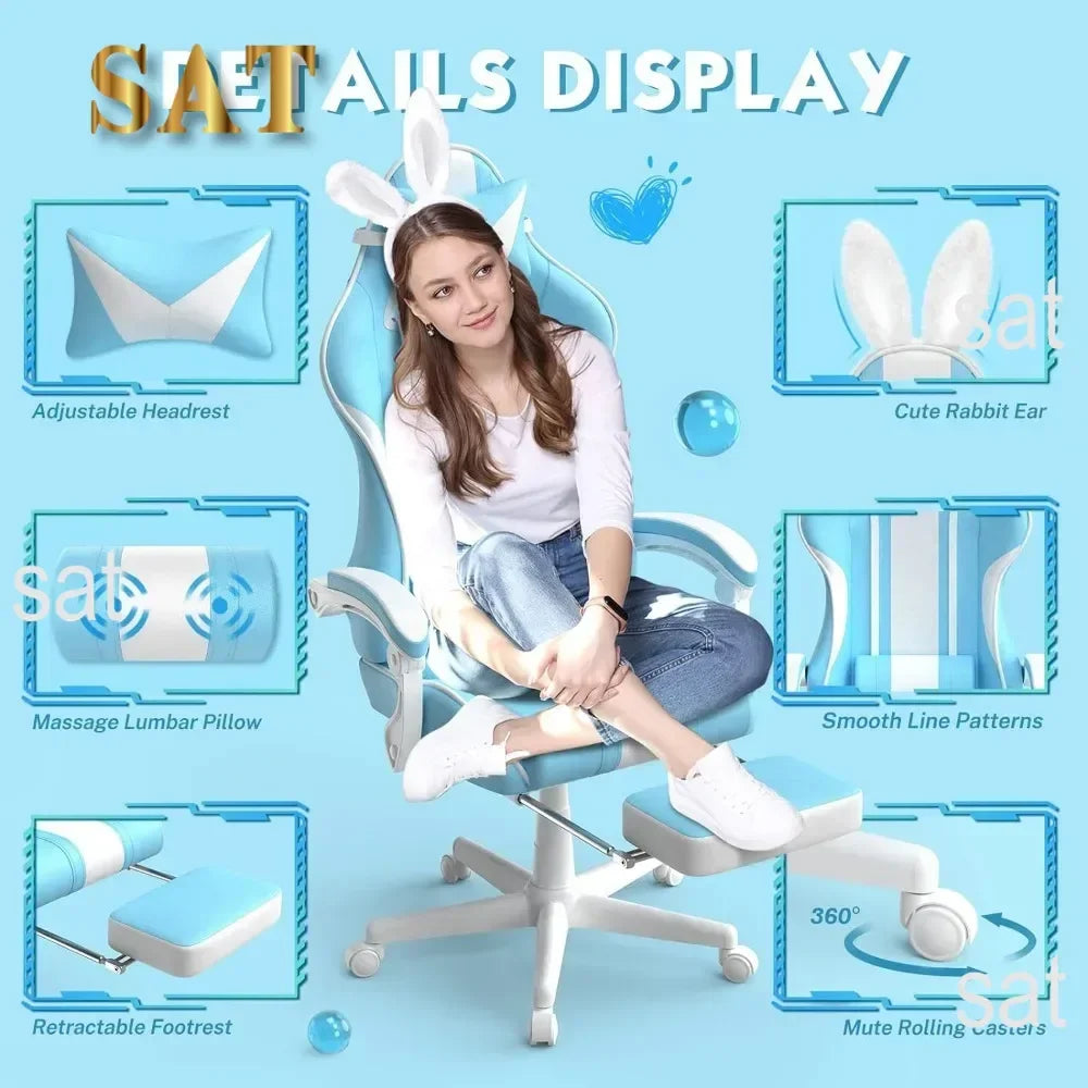 Kawaii Light Blue Gaming Chair with Bunny Ears, Ergonomic Cute Gamer Chair with Footrest, Massage Function, Reclining Racing Style Computer Chair