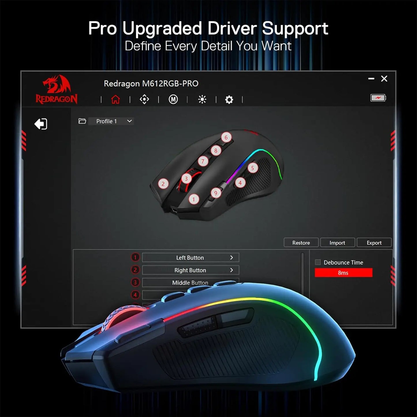 Herní myš Redragon M612 PRO BT & 2.4RGB, optická hráčská myš 8000 DPI kabelová/bezdrátová, 11 programovatelných tlačítek a 6 režimů podsvícení