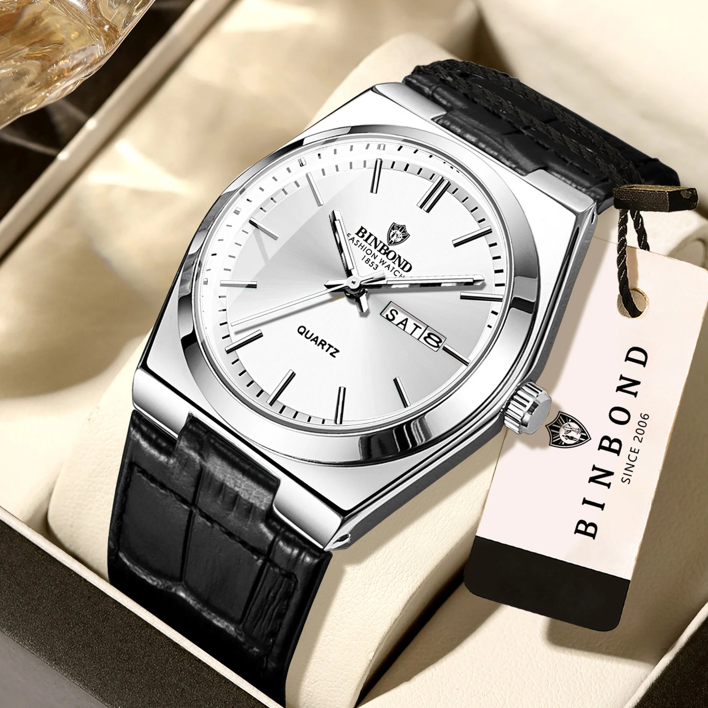 BINBOND Luxury leather strap quartz wristwatches precise luminous waterproof auto date week display durable men's watch reloj