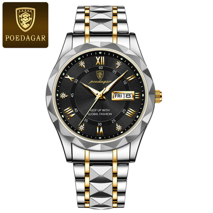 POEDAGAR Business Luxury Herrenuhr, wasserdicht, aus Edelstahl, beleuchtet, mit Datum und Wochentag, im Sport-Stil, mit Quarzwerk.