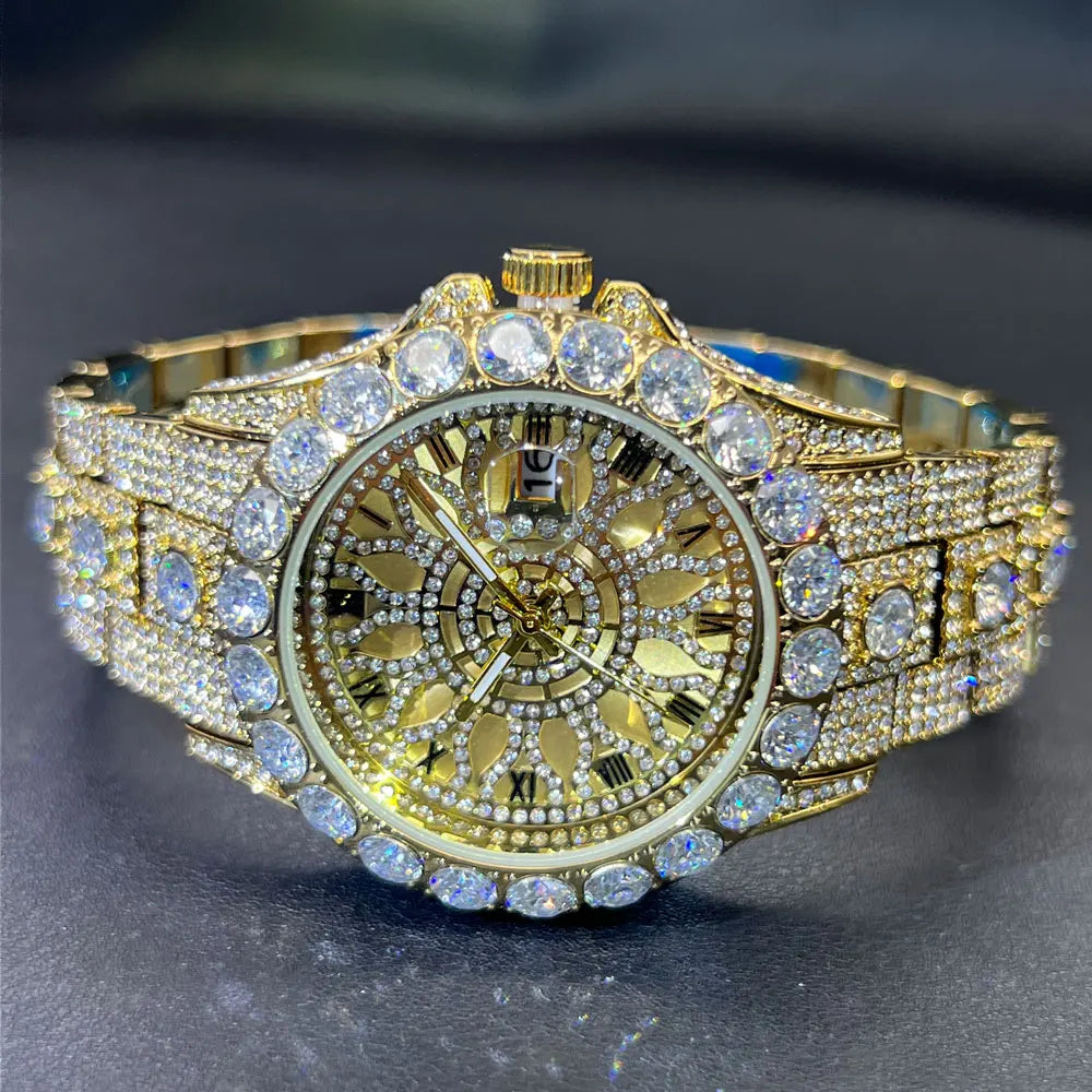 MISSFOX Fashion lced Out Silver Mens Watch Luxury Calendar Waterproof Watch For Man Hip Hop High Quality Big Diamond Wristwatch
