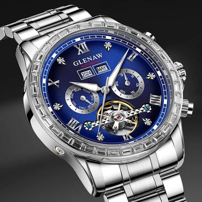 Mechanische Multifunktionsuhr GLENAW – Herrenmodell, Business- und Freizeit-Style, Edelstahlarmband, wasserdicht, mit Kalender – Luxusuhr