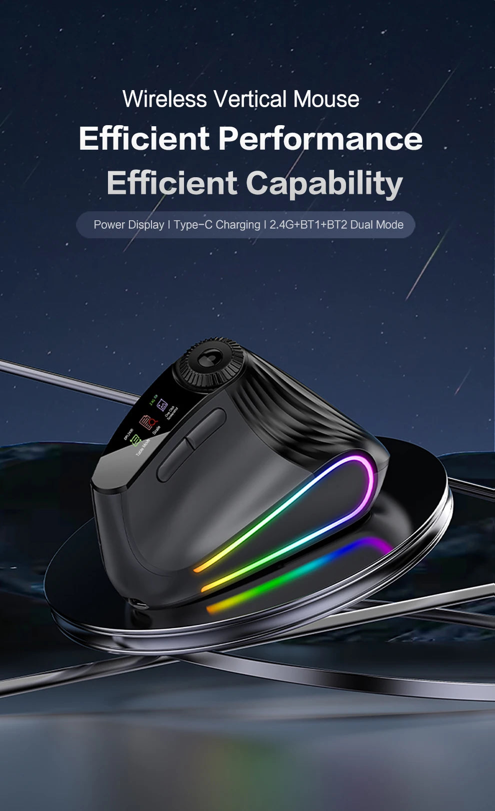 Jomaa RGB podświetlana bezprzewodowa pionowa mysz Speed Roller z pokrętłem regulacji funkcji, Bluetooth USB, ergonomiczna, ciche kliknięcie