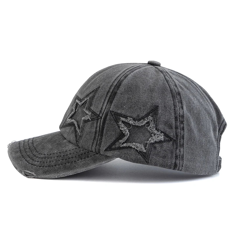 Damska czapka baseballowa z wyblakłą bawełną i motywem pięcioramiennej gwiazdy – modna czapka typu „dad hat” w stylu ulicznym