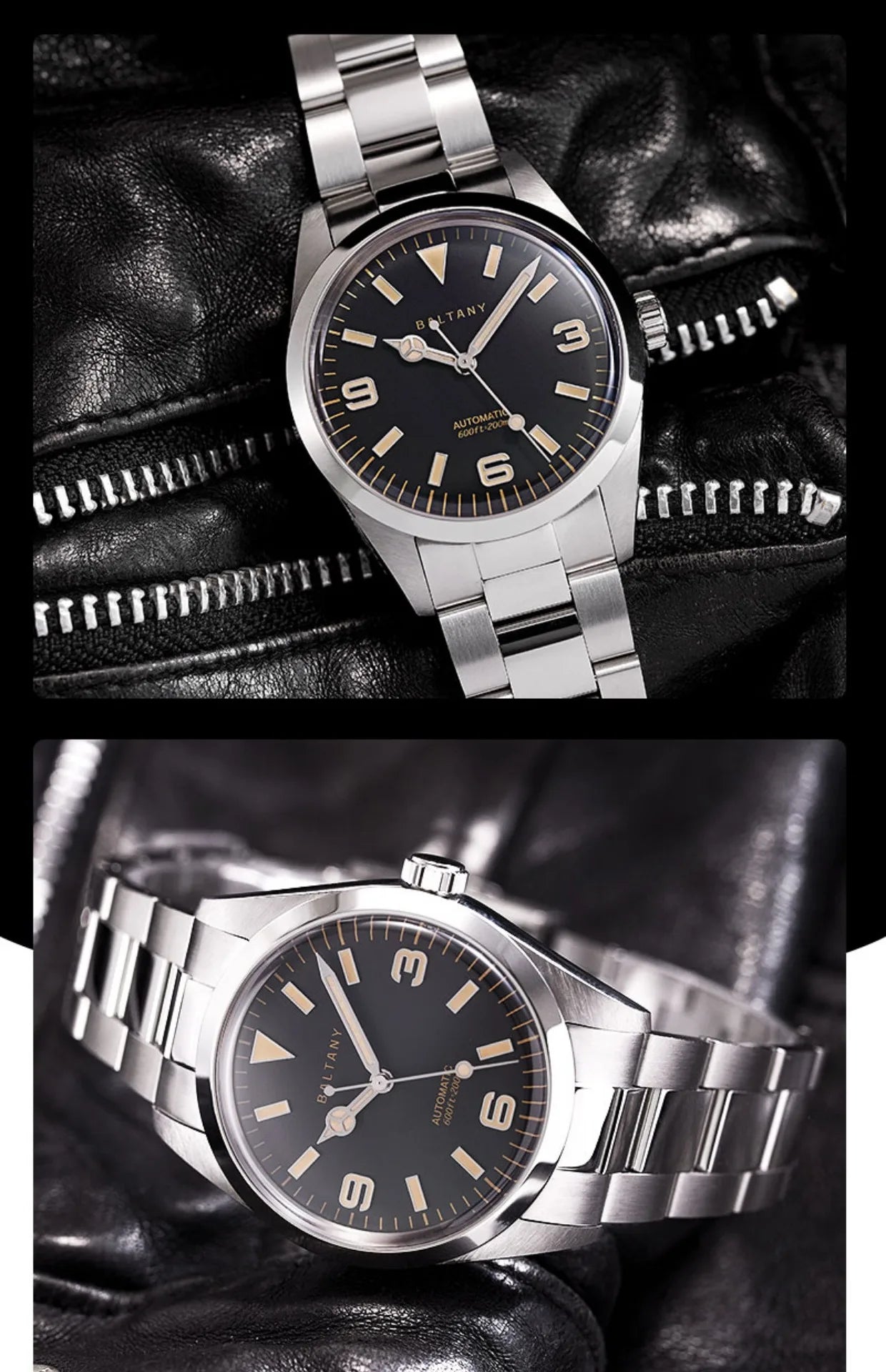 Baltany Men Automatic Watch 39MM Mechaical Wristwatch Bubble Sapphire 20ATM Waterproof C3 Luminous NH38 / SW200