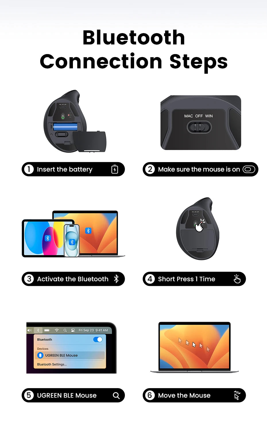 Langaton Bluetooth 5.0 2.4G -hiiri, ergonominen, 4000DPI, 6 hiljaista painiketta, MacBookille, tableteille, kannettaville tietokoneille ja PC:lle