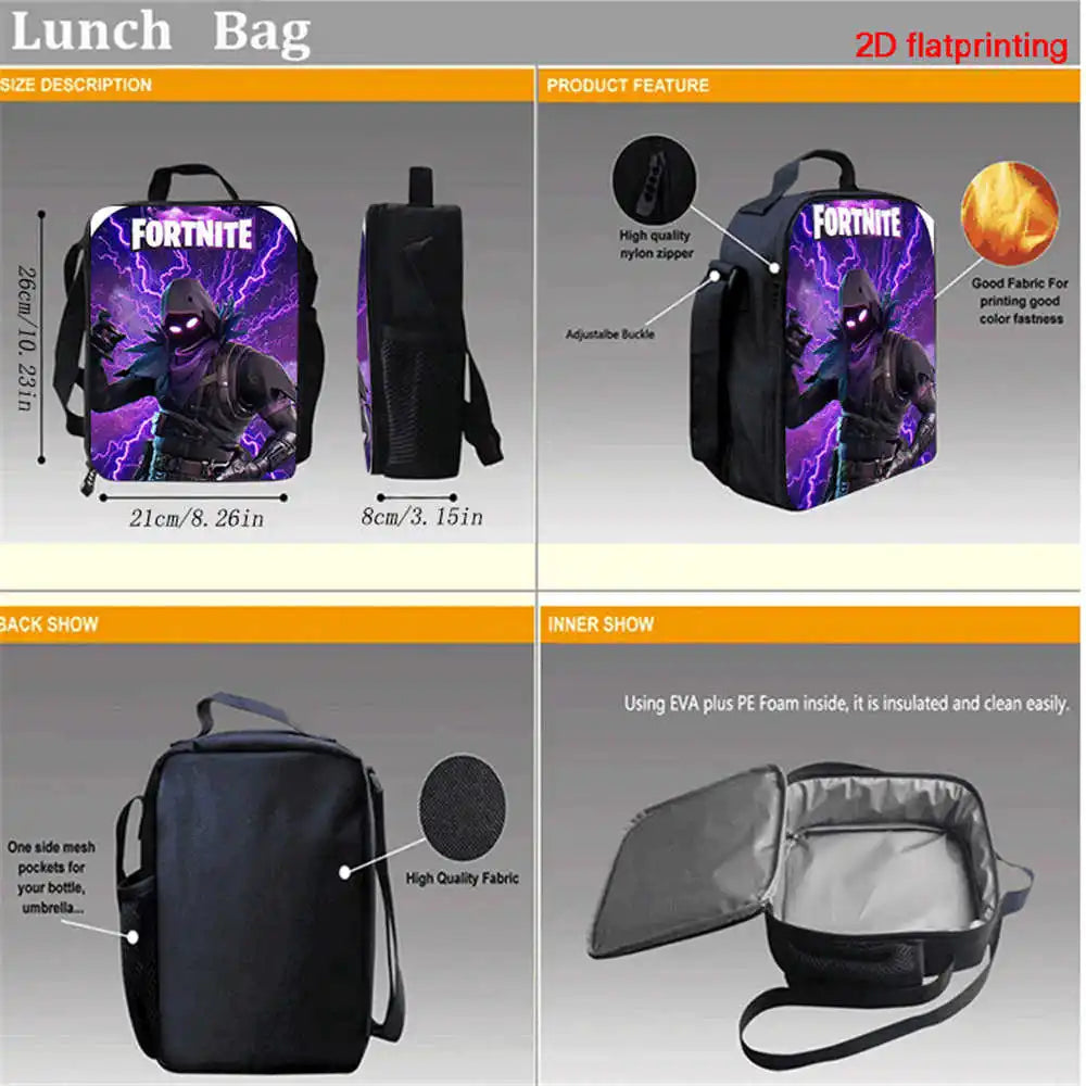 Cute Cartoon  3pcs Set School Backpack with Lunch Bag Pencil Case , Large Anime Fortnite Kids School Bags For Boys and Girls