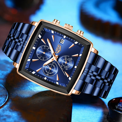 LIGE luxe herenhorloges, vierkant model, klassieke en trendy stijl, van roestvrij staal, waterdicht, sportief en casual, met quartz uurwerk.