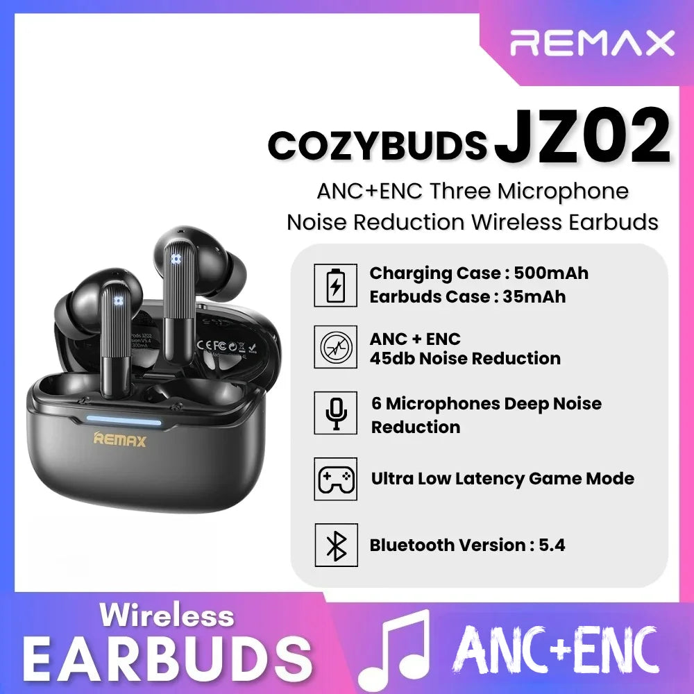 Écouteurs sans fil Remax ANC, réduction de bruit de 45 dB, 6 micros, ENC, appels HD, Cozypods JZ02, mode gaming, faible latence, 42h
