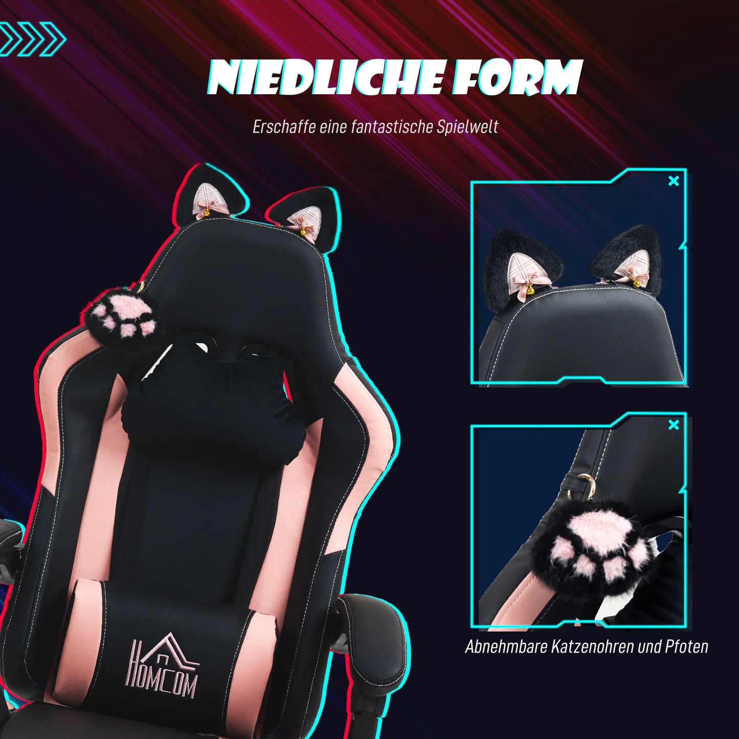 Gaming chair with cat ears, tiltable backrest, retractable footrest, maximum load capacity 120kg, gaming chair, office chair,