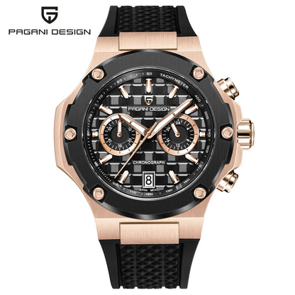 PAGANI DESIGN Men's Watches Luxury Rose Gold Sport Chronograph Japan VK64 Quartz Watch For Men Fluororubber Strap Wristwatch Men