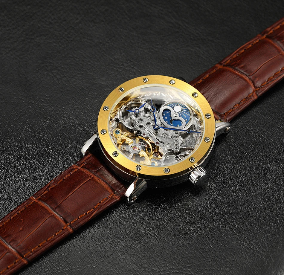 SKROX automata mechanikus férfi karóra, szkeleton modell GMT funkcióval, holdfázis-kijelzővel és tourbillon-nal – Elegáns és eredeti, csúcsminőségű luxusóra.