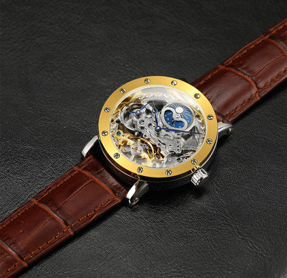 SKROX automata mechanikus férfi karóra, szkeleton modell GMT funkcióval, holdfázis-kijelzővel és tourbillon-nal – Elegáns és eredeti, csúcsminőségű luxusóra.