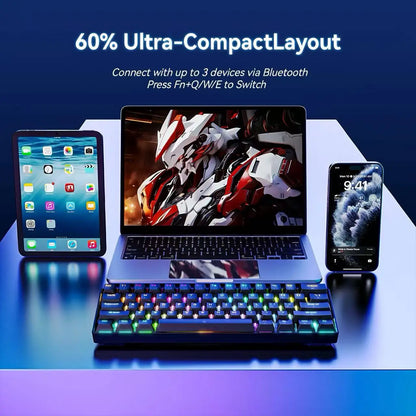 New Portable Compact 61 Keys 3-Mode Mechanical Keyboard RGB Backlit Brown Switch Wireless Bluetooth Gaming Office Keyboard