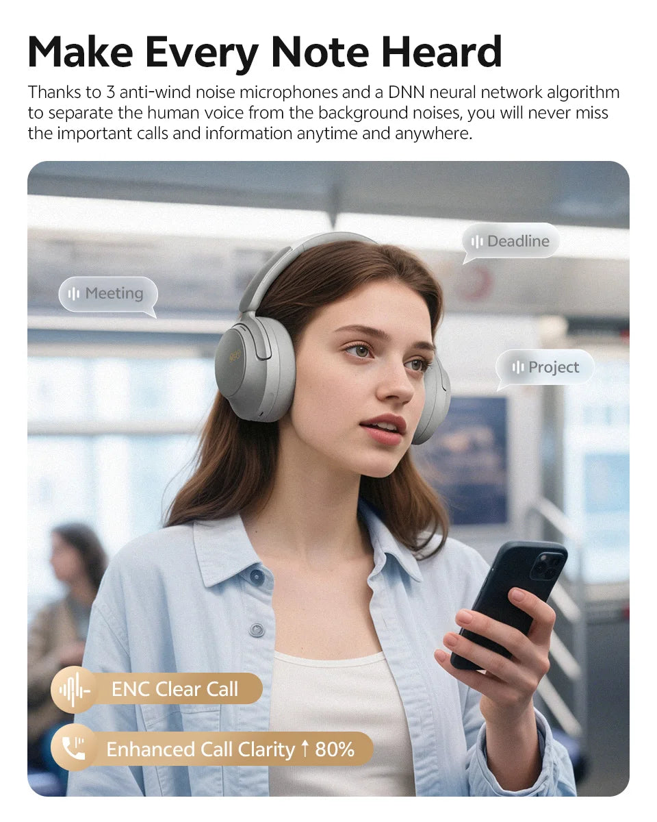 QCY H3S -56dB ANC adaptativo Auscultadores Bluetooth 6.0 circum-aurais – Headset sem fios Hi-Res LDAC, bateria de 102H, som espacial Dual Driver