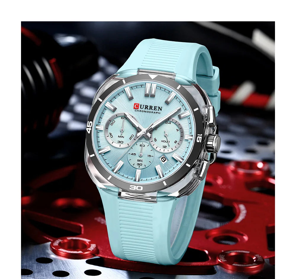 Reloj para hombre CURREN: nuevo modelo de lujo con mecanismo de cuarzo, correa de silicona, estilo deportivo, multifunción, resistente al agua, luminiscente, con indicador de fecha y cronómetro.