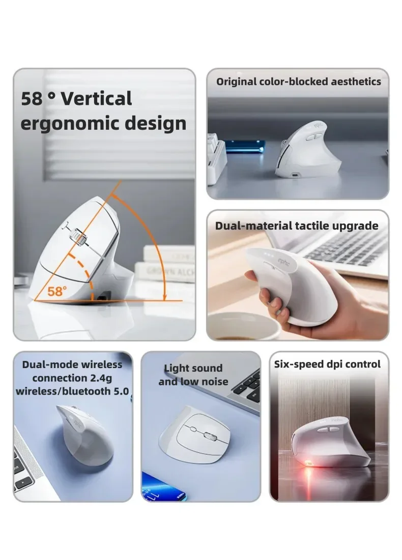 Mouse wireless verticale Inphic X9 PRO, ricarica rapida Type-C, ergonomico e silenzioso, mouse da ufficio per laptop, PC, computer e gaming