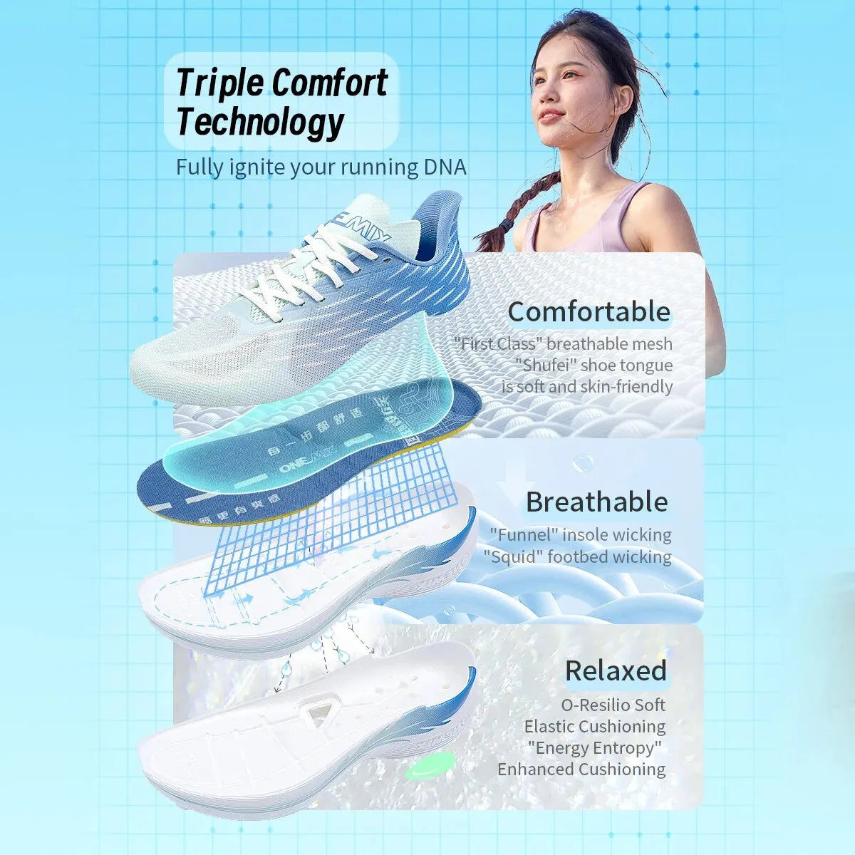 Onemix Wind Wings : chaussures de course respirantes pour hommes, marathon, sport et loisirs ; chaussures de sport légères pour femmes ; corde à sauter d'extérieur pour hommes