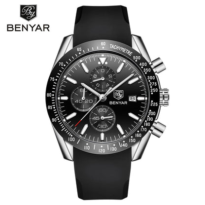 Montres de luxe pour hommes BENYAR – Montres-bracelets à quartz avec bracelet en cuir, étanches jusqu'à 30 m, style sportif.
