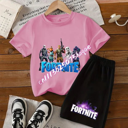 Summer T-shirts 2 pieces Fortnite children's cotton short-sleeved set with cartoon prints, boys' sports shirt, casual top, gift