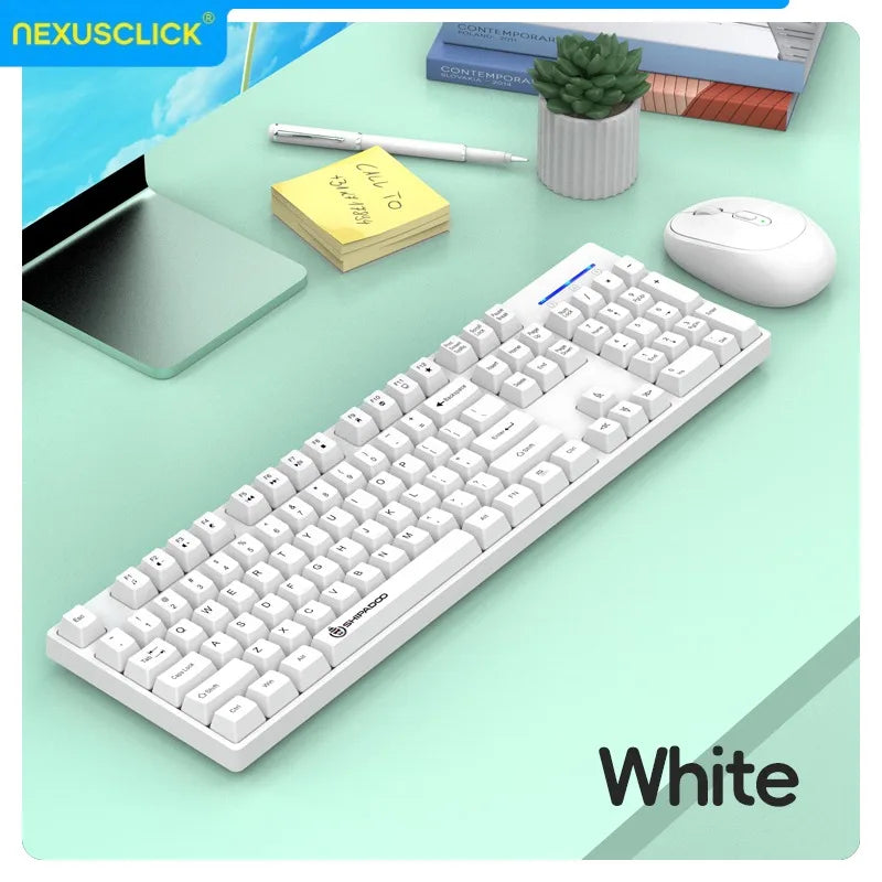 Conjunto Teclado e Rato Sem Fios NexusClick para Gaming e Escritório, Poupança de Energia Inteligente, Tamanho Completo, 104 Teclas, 1600DPI Ajustável, USB para Portátil e PC