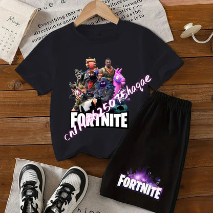 Summer T-shirts 2 pieces Fortnite children's cotton short-sleeved set with cartoon prints, boys' sports shirt, casual top, gift