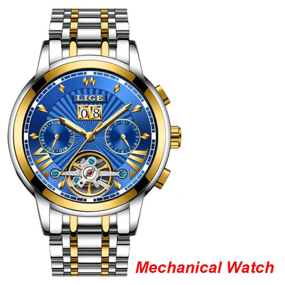 Montres-bracelets mécaniques automatiques pour hommes LIGE – Montre de luxe haut de gamme avec tourbillon, modèle élégant et étanche, idéal pour le travail ou les occasions formelles.