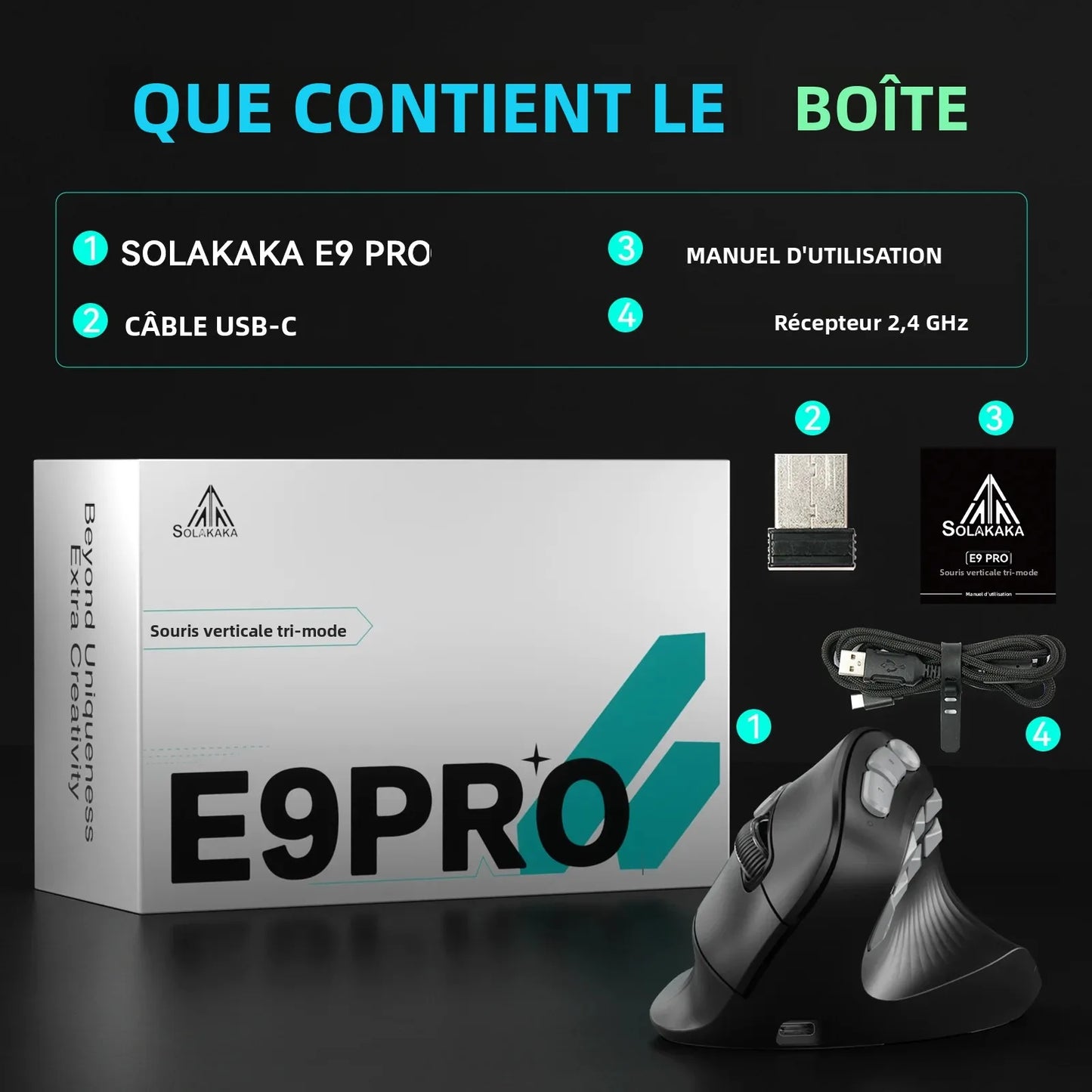 Ratón vertical SOLAKAKA E9 Pro MMO con sensor PAW3395, batería de 1000mAh, agarre vertical de 45°, ratón ergonómico gaming 8k