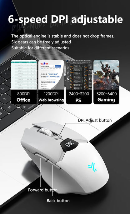 Warvank SX01 trådlös gamingmus med smart skärm, DPI-justering i 6 steg, 600mAh uppladdningsbar tyst Bluetooth-mus för kontor