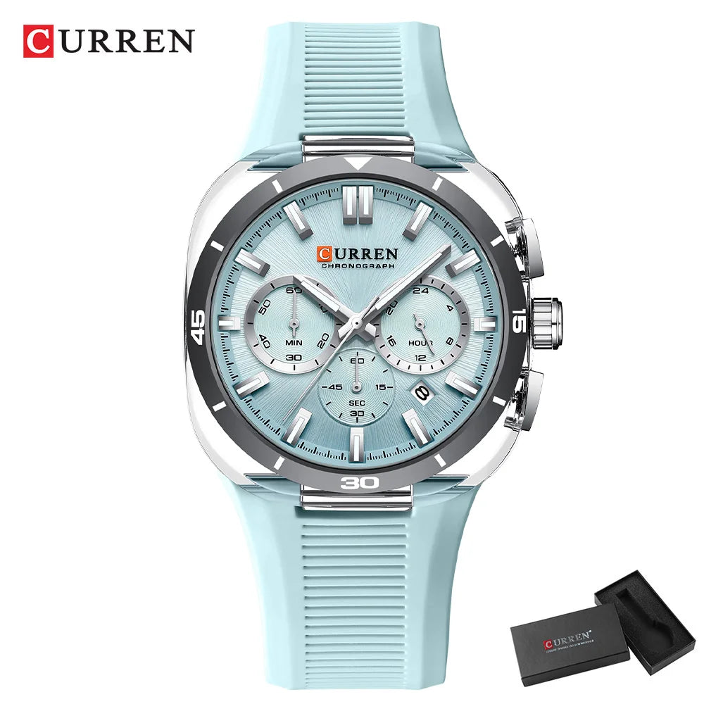 Reloj para hombre CURREN: nuevo modelo de lujo con mecanismo de cuarzo, correa de silicona, estilo deportivo, multifunción, resistente al agua, luminiscente, con indicador de fecha y cronómetro.