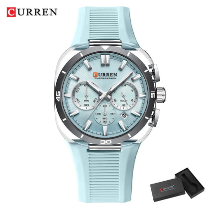 Reloj para hombre CURREN: nuevo modelo de lujo con mecanismo de cuarzo, correa de silicona, estilo deportivo, multifunción, resistente al agua, luminiscente, con indicador de fecha y cronómetro.
