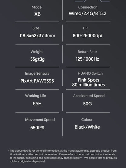 Attack Shark X6 Lightweight Wireless Gaming Mouse with 3 Mode Up to 26K DPI RGB Backlight Charging Base for Laptop Deskbtop