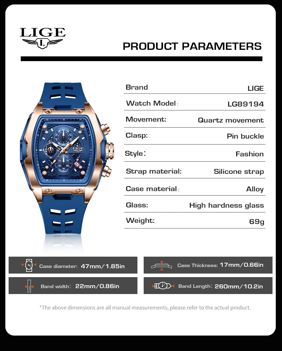 LIGE Outdoor Casual Quartz Man Watch Fashion Silicone Strap Waterproof Simple Sport Hollow Date Luminous Men's Watches Male Gift