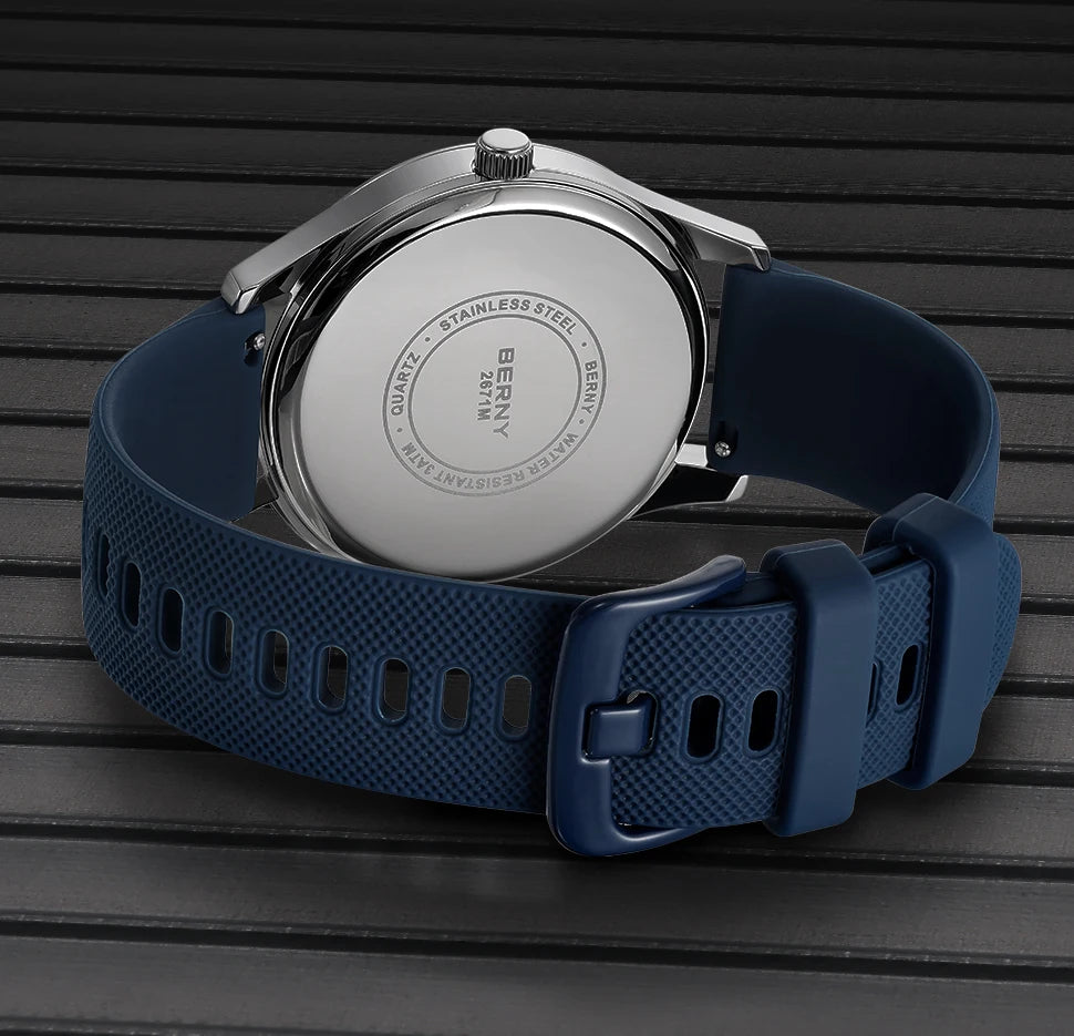 BERNY Men's Watches Luminous Calendar Week Quartz Men Watch Casual Soft Silicone Strap Easy Read Big Dial Sports Wristwatch