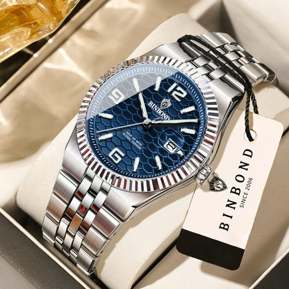 Montre-bracelet à quartz de luxe BINBOND, lumineuse, étanche, date automatique, pour homme, en acier, style business, sport, mode et décontracté.