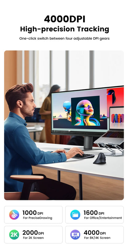 Langaton Bluetooth 5.0 2.4G -hiiri, ergonominen, 4000DPI, 6 hiljaista painiketta, MacBookille, tableteille, kannettaville tietokoneille ja PC:lle