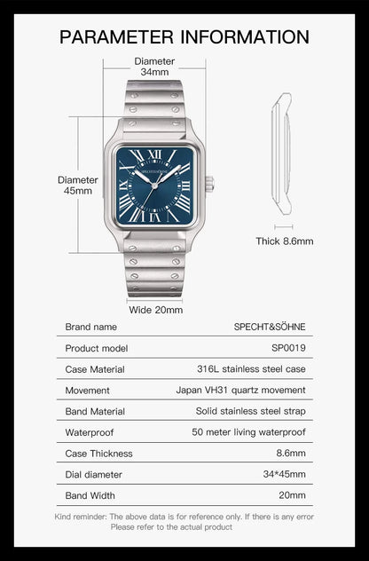 2025 New 34MM Specht & Söhne Quartz Watches Japan VH31 Movt Sapphire Blue Color Ultrathin Stainless Steel Relogio Masculino