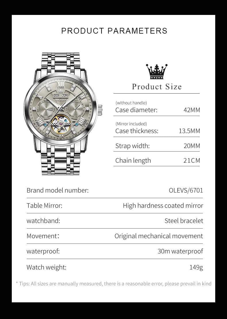OLEVS 6701 Men's Watch Luxury Waterproof Auto Date Mechanical Watch For Men Hollow Skeleton Diamond Wristwatch Luminous Clock