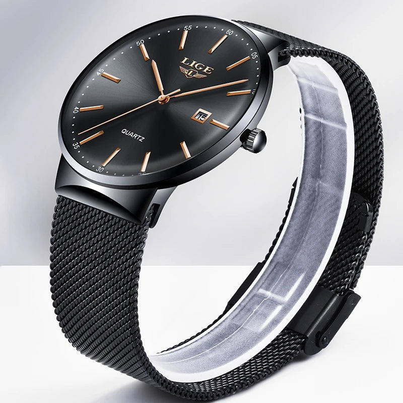 LIGE herenhorloge, elegant en luxueus model, ultradun, waterdicht, met een maasband, quartz-uurwerk, datum- en kalenderweergave – ideaal voor een professionele stijl.
